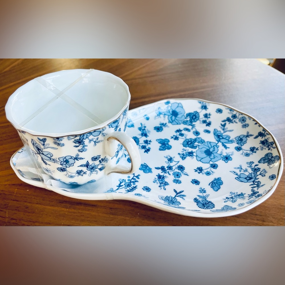 NEW Grace Teaware Tea cup and saucer tray plate blue and white floral